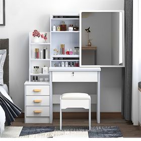 Fashion Vanity Desk with Mirror and Lights for Makeup and Chair, Vanity Mirror with Lights and Table Set with 3 Color Lighting Brightness Adjusta