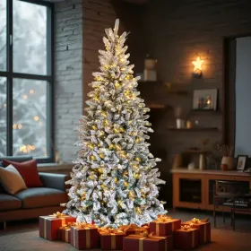 7 FT Snow Flocked Pre-lit Artificial Pencil Christmas Tree, Hinged Xmas Pine Tree With 1100 Branch Tips And 400 Lights For Holiday Party Office H (Option: Defaulttitle)