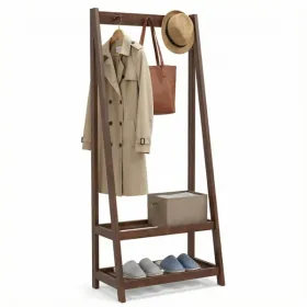 100% Solid Rubber Wood Freestanding Coat Rack, A-Frame Stable Garment Hanger With 3 Hooks & 2 Shelves (Option: Defaulttitle)
