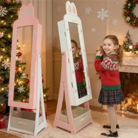 Pink rabbit-themed MDF cabinet with spray paint finish, 1 door and 1 drawer, children's jewelry and mirror cabinet (Option: Defaulttitle)