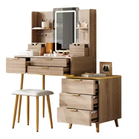 7-Drawer Vanity Desk With LED Mirror & Carved Details, Fluted Makeup Table With Metal Legs And PU Stool, Carved Dressing Table With Jewelry Stora (Option: Defaulttitle)