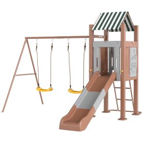 Kids Swing Set With 6 FT Slide, 2 Adjustable Swings, Fort With Canopy, Ladder, Ground Stakes For Ages 3-8, Brown (Option: BROWN)