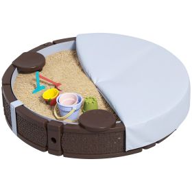 47 Round Kids Sandbox With Cover, 3 Seats, Waterproof Bottom Liner, For Backyard, Lawn, Garden, Beach, Patio, Brown (Option: BROWN)