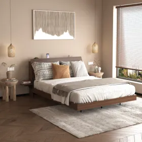 Floating Bed Frame Queen With Led Lights And Charging Station, Wood Queen Size Bed Frame With Storage Headboard, No Box Spring Needed, Easy Assem (Option: Defaulttitle)